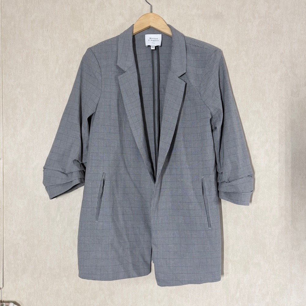 Maison D’ Amelie Women’s Plaid Open Front Blazer Jacket Ruched 3/4 Sleeve XL